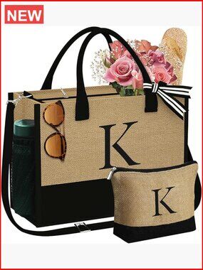 Initial Jute Tote Bag & Makeup Bag Set, Zipper Closure, Monogram Embroidery